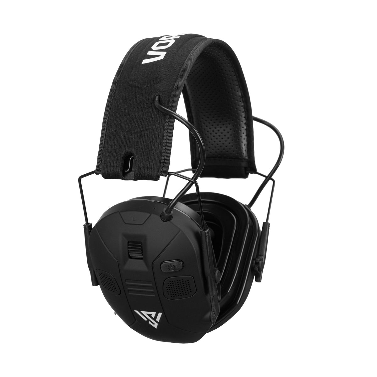 VorSound VX1 PRO earmuffs from the front-left, microphone ports and volume wheel on the cup