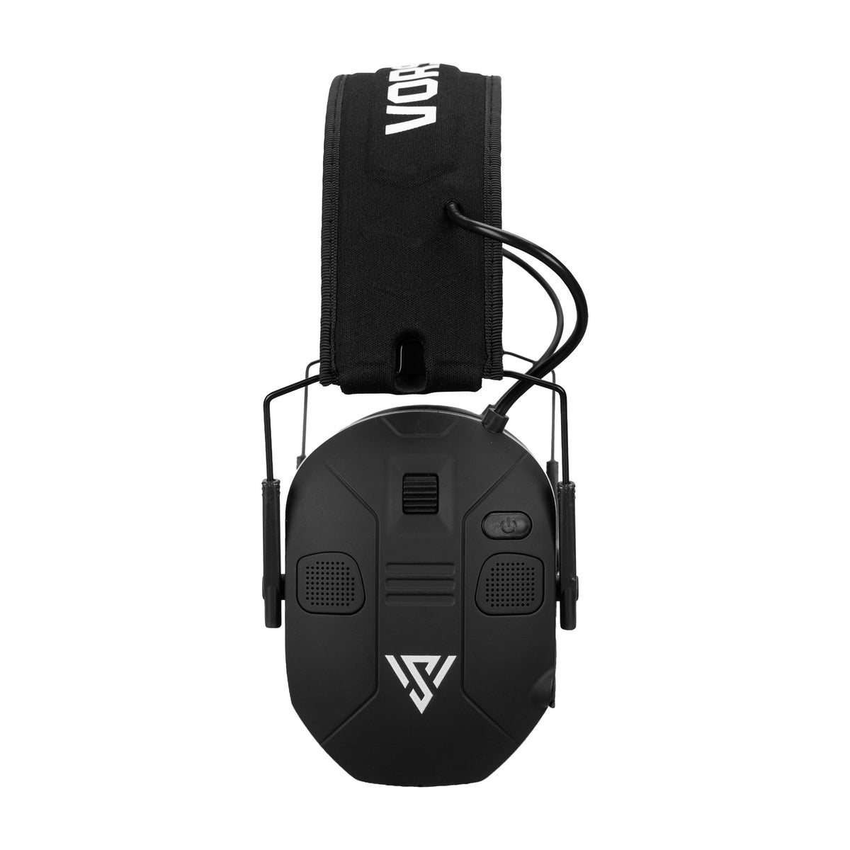 VorSound VX1 PRO ear cup close-up: two microphone grilles, the recessed wheel and the V mark