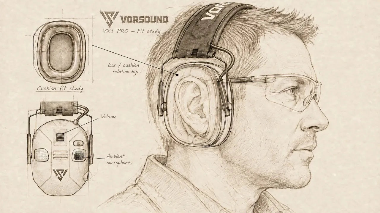 Hand-drawn VorSound engineering study showing a headset fitted around the ear, with cushion and control sketches