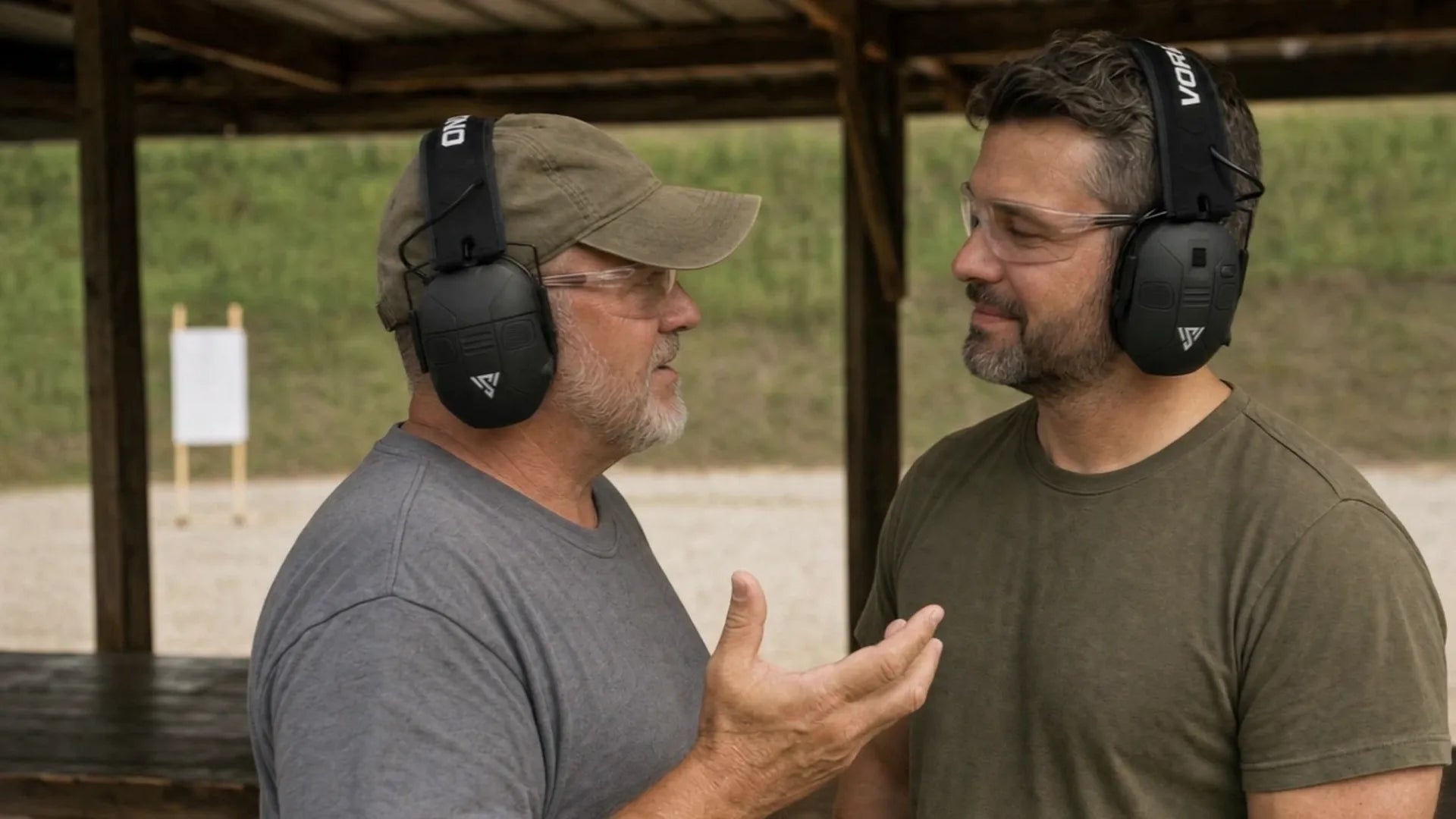 Two shooters, both wearing the VX1 PRO and clear safety glasses, talk face to face under the roof of an outdoor range