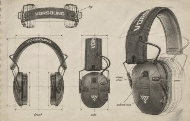 Technical sketch of the VX1 PRO: top, front, side and three-quarter views, with the volume wheel, the power button and the ambient microphones labelled